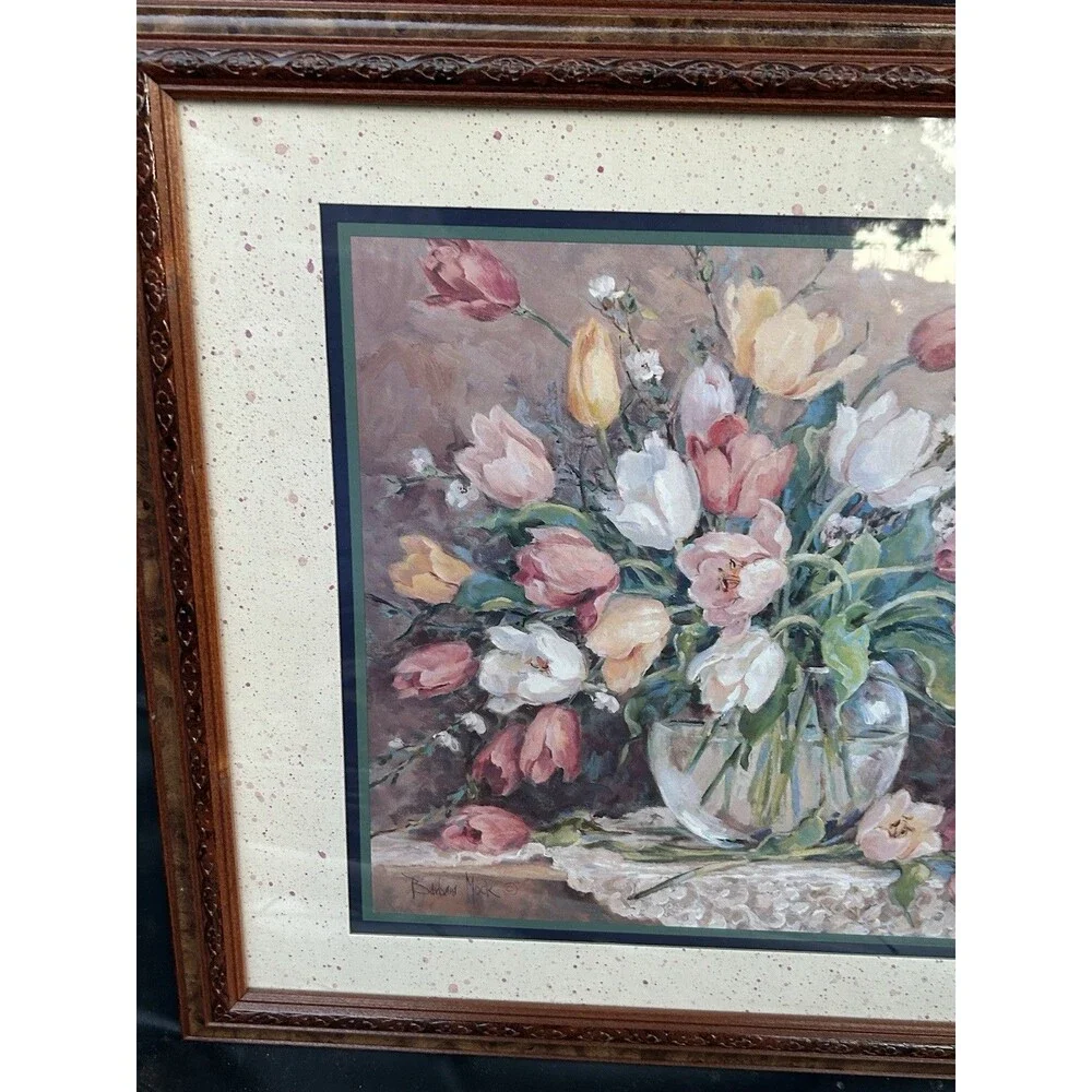 Barbara Mock Wall Art Floral Vase Tulips 22x18 Mixed Media Crewel Cottage Decor - Picture 3 of 14